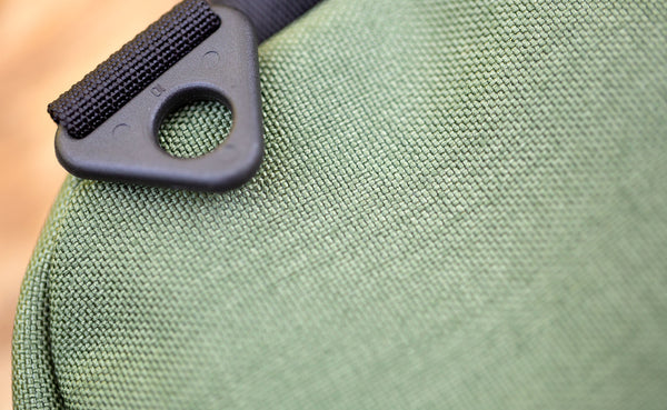 Close up image of a Boreal Grab Bag d-ring shoulder strap attachment.